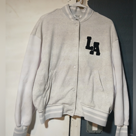 Grey and White Refuge LA Bomber Jacket, Snaps Close Size Medium - Picture 1 of 4